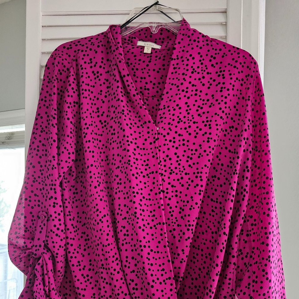 PLEIONE Polka Dot Black & Pink Wrap Dress Shirt - MEDIUM - Gently Used